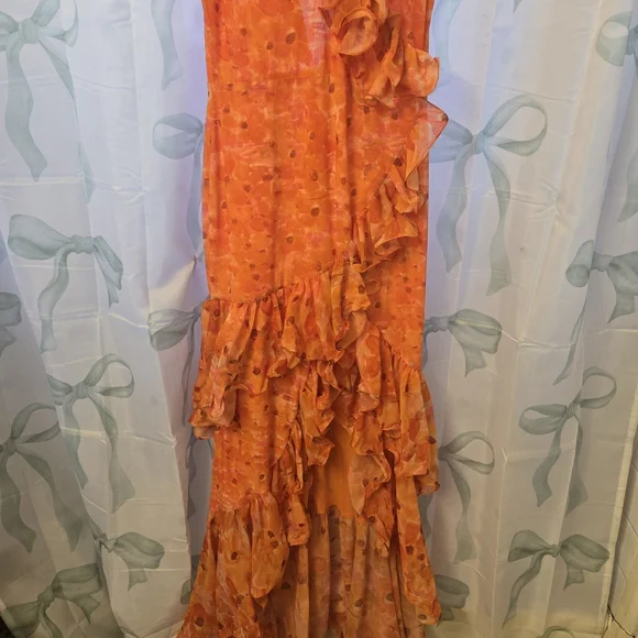 NWT Patbo Ruffled Floral High Low Maxi Dress Myosotis Flutter Gown Sz 12 Or L XL - Picture 13 of 16